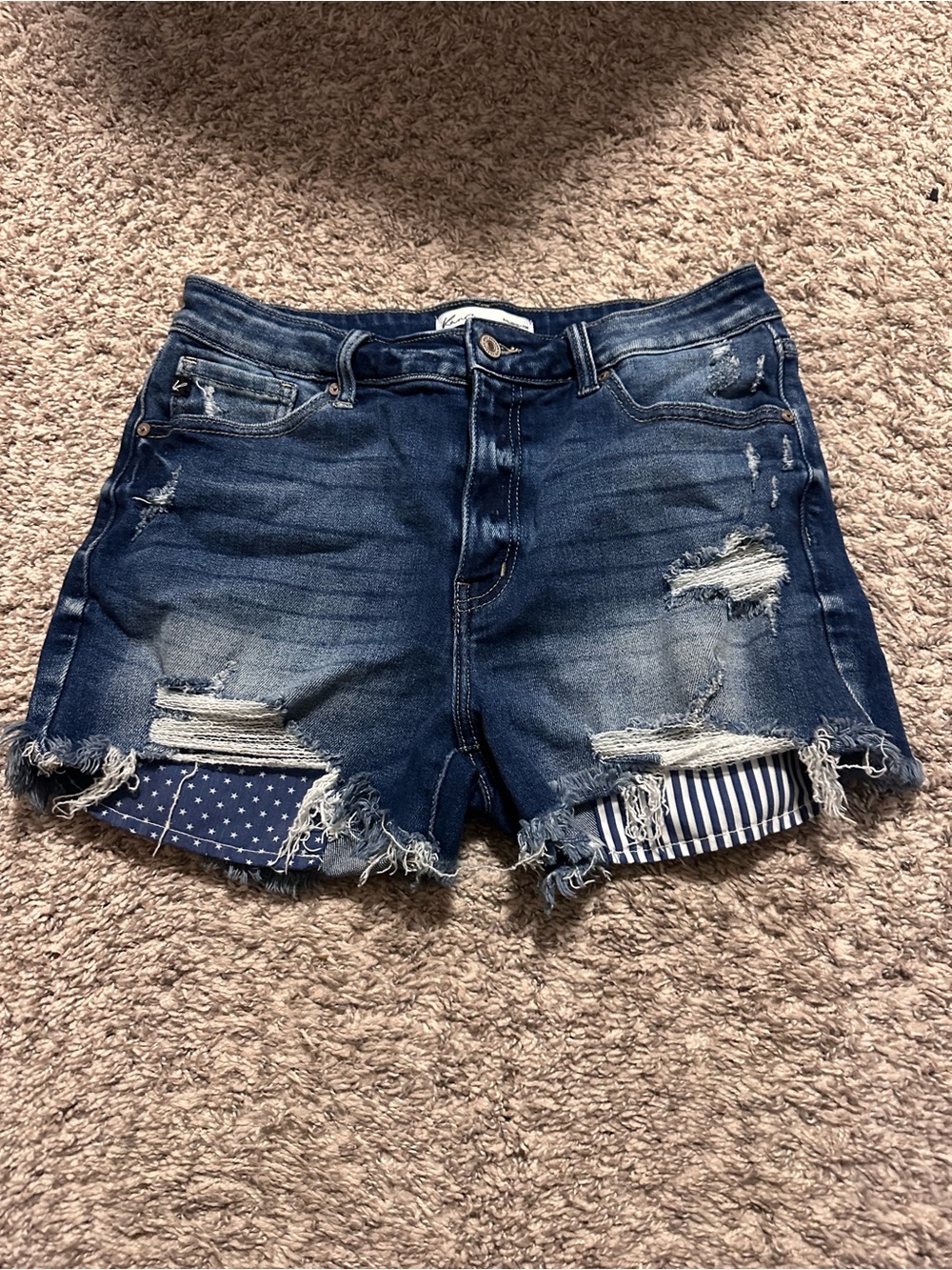 Maurices Distressed Dark Blue Denim Shorts with Patterned Cuffs